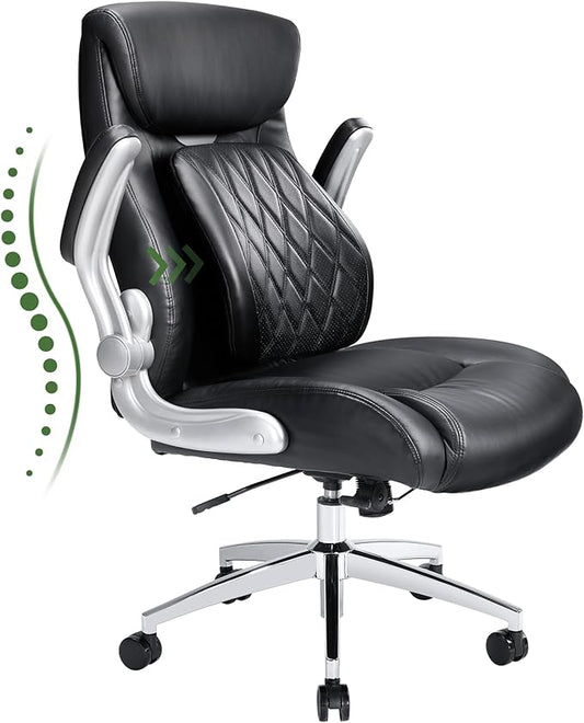 Marsail Comfortable-Office Chair with Dynamic-Lumbar Support: High Back PU Leather Executive Office Chair with Flip-up Arms Tilt Function, Ergonomic Executive Desk Chair for Home Office Work, Black