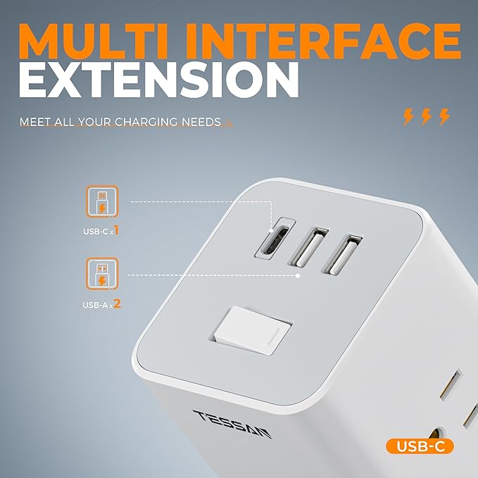 Surge Protector Power Strip Tower, TESSAN 15 ft Flat Extension Cord Surge Protection 900J with 12 AC Outlets and 3 USB (1 USB C), Multiple Charging Station for Office Supplies, Dorm Room, Home, White