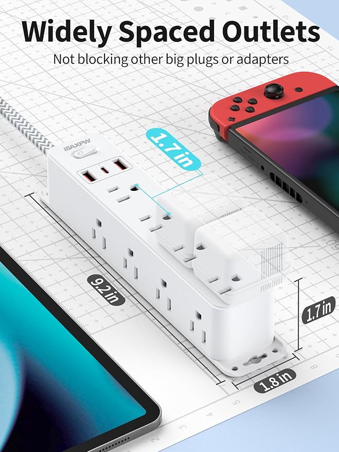 Surge Protector Power Strip with 12 Outlets and 3 USB Ports (1 USB C), 5 Ft Braided Flat Plug Extension Cord, Wall Mount Outlet Extender, 1700 Joules, Desk Charging Station for Home Office Dorm, White