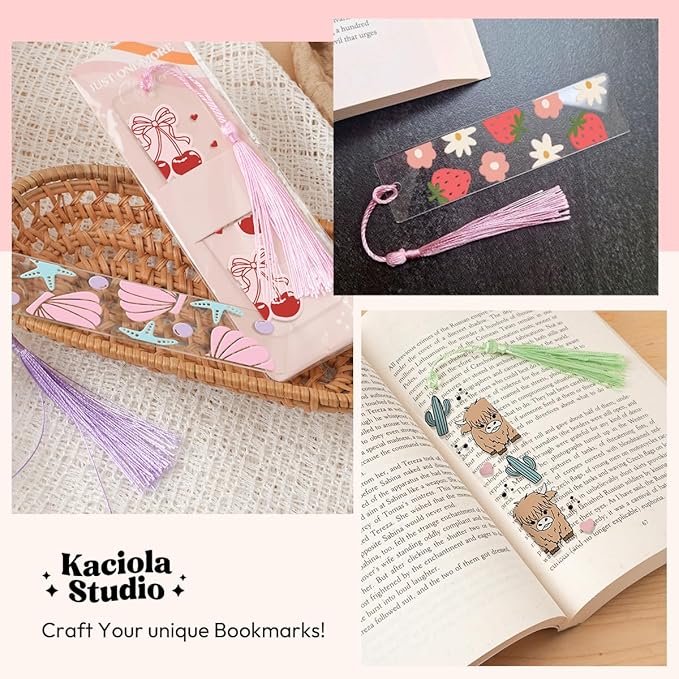 48PCS Bookmark Making Kit, 24 Acrylic Bookmark Blanks with 24Pcs Tassels, 24 UV Stickers about Fruit Theme, DIY Blank Bookmarks Waterproof UV DTF Transfers Stickers for Clear Bookmarks DIY Projects