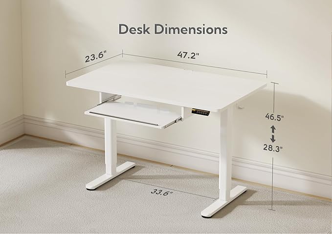 Standing Desk with Keyboard Tray, Electric Standing Desk Adjustable Height, 48x24 Inches Sit Stand up Desk with Splice Board, Raising Desk for Home Office, White