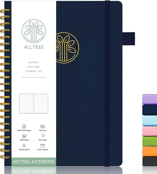 Alltree Spiral Dot Grid Notebook Journal, Dotted Paper Notebook for Work, Hardcoer Spiral Notebook with Pen Loop, Pocket, Stickers, 160 Pages, Journal for Women & Men, Navy Blue(6"x8.5")