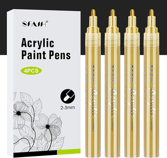 SFAIH Gold Paint Markers Paint Pens - 4 Pack 2-3MM Medium Tip Metallic Acrylic Markers for Rock Painting, Wood, Metal, Fabric, Plastic, Canvas, Glass, Ceramic, Diy Crafts, Drawing, Tire