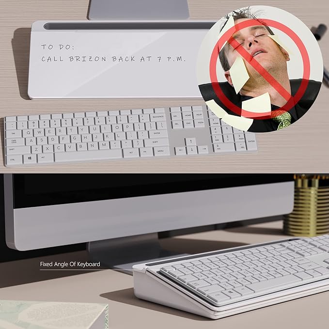 TOWON Small Tilted Desktop Glass Whiteboard, Notepad Computer Keyboard Stand with Dry Erase Board Surface, Desk Organizers with Accessories for Office, Home, School Supplies, White, 18 x 6 Inches