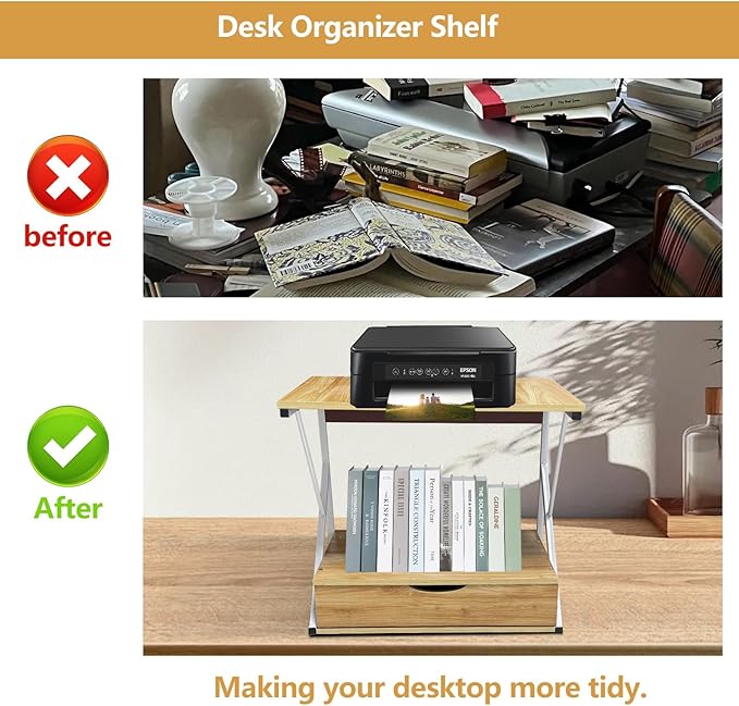 Printer Stand for Desk,2 Tier Desktop Printer Stand,Home Printer Stand with Storage Drawer,Small Printer Table,Desk Organizer Shelf for Top of Desk,Printer Rack for Fax Machine,Scanner-Oak