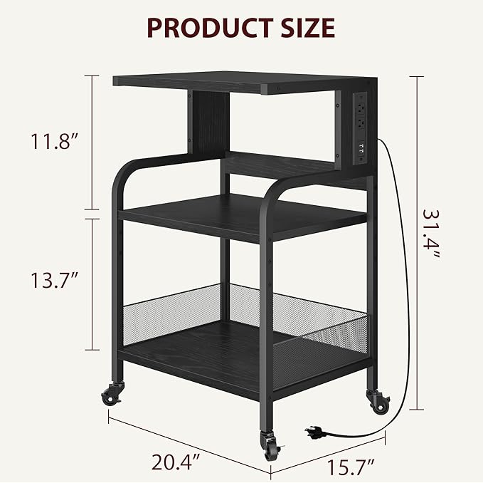 Printer Stand with Power Outlet, Large Printer Table with Adjustable Storage Shelf, 3 Tier Office Rolling Printer Stand with Wheels for Home Office, Fax Machines, Scanners, Rustic Black
