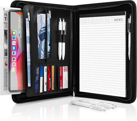 Gwybkq Padfolio Organizer Zippered Portfolio, Leather Binder with Notepad and Gel Pens, Men Women Business Folder for Resume, Document, Pad, Phone and Cards (Black)