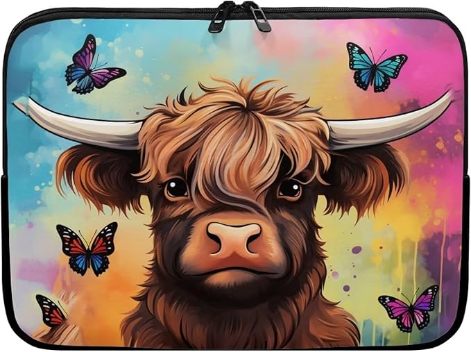 Highland Cattle Laptop Protective Sleeve for Women Men 12 inch Durable Computer Sleeve Neoprene Lap Top Case Portable Computer Carrying Case Suitable for Travel Office Pouch Butterfly