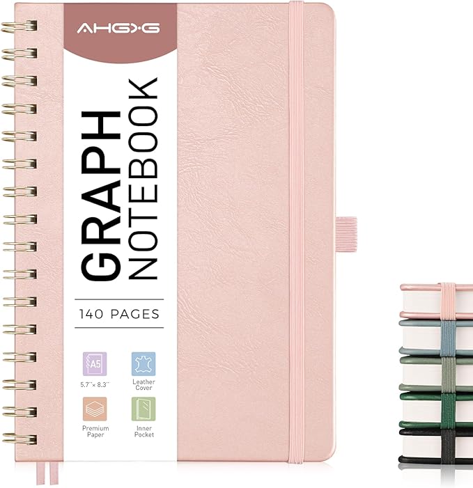 AHGXG Graph Paper Notebook - Spiral Notebook Hardcover Leather Journal 140 Pages, A5 Grid Paper Notebook 5.7" x 8.3", 100 gsm Thick Paper, for School Writing Graphing Engineering, Rose Gold