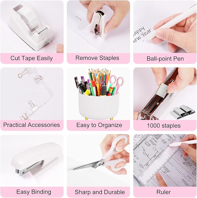 White Desk Organizers and Accessories 10Pcs Set with 360-Degree Rotating Pen Holder, Tape Dispenser, Stapler, Staple Remover, 1000 Staples, Tape, Clips Set, Ruler, Scissor, Pen
