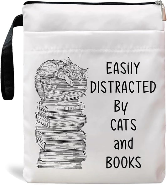 Book Sleeve, Book Covers with Zipper, Funny Cat & Book for Book Lovers, Gifts for Women Teacher Librarian Bookworm Bookish- Easily Distracted by Cats and Books (White-A, Large)