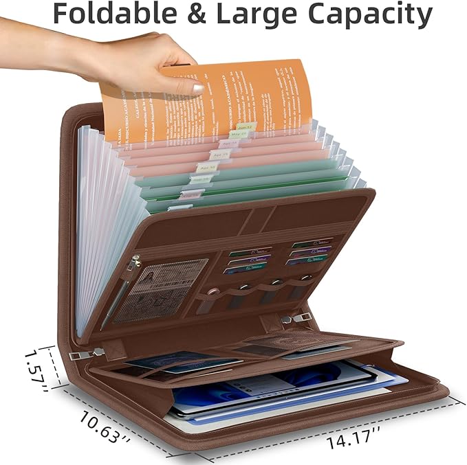 Fireproof Accordion File Organizer, Portable Expanding File Folder with Waterproof Zipper&Labels, Brown Document Organizer with 13 Pockets, File Organizer for Important Document/Paper Storage