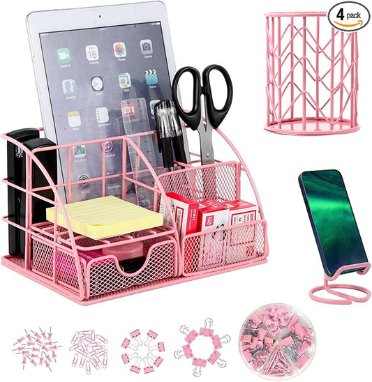 JUOPIEA Desk Organizers and Accessories Office Supplies Organizer with Pen Holder, 72 Clips Set and Phone Stand, Metal Mesh Desktop Organizers with Drawer for Home, Office, School Ect