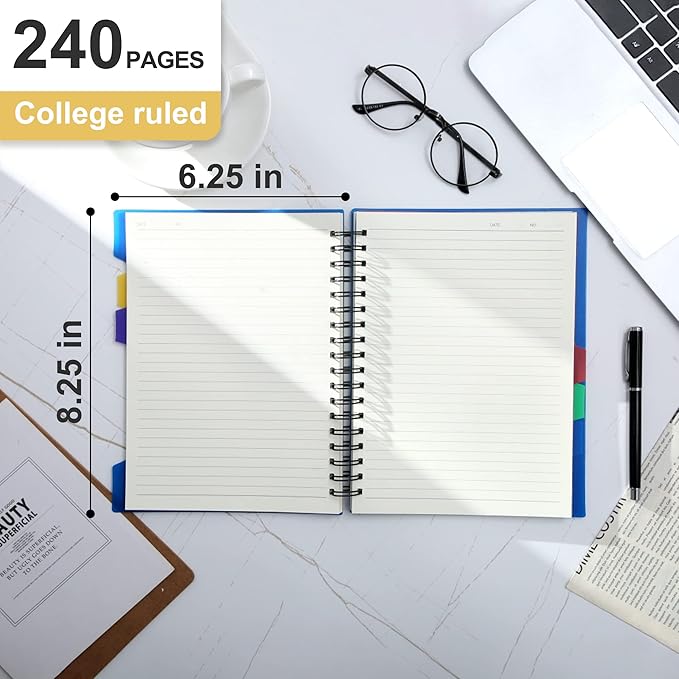 CAGIE Spiral Notebook 5x7 Small Notebooks College Ruled 5 Subject Notebook with Dividers A5 for Work Office School Supplies Journal, 240 Pages/ 120 Sheets, Blue