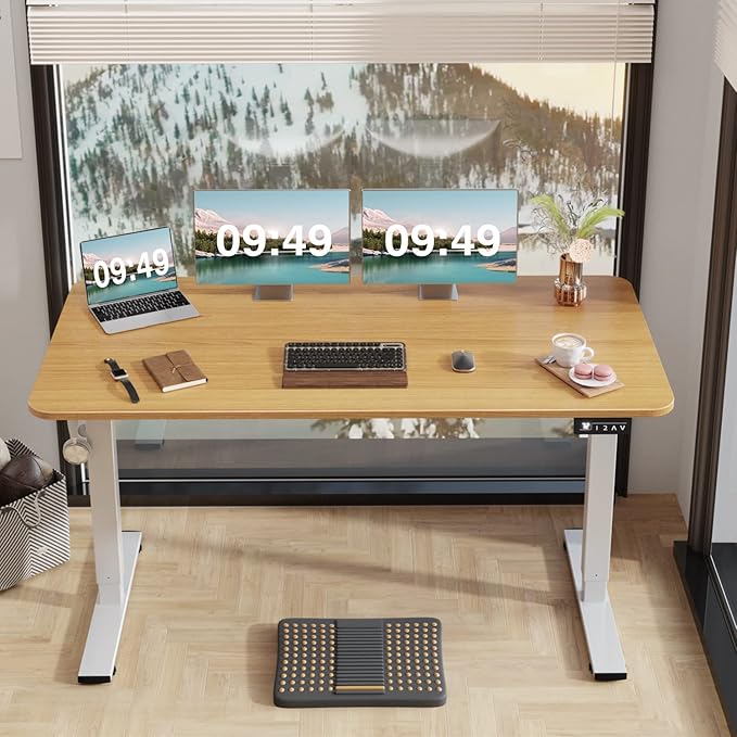 Furmax Electric Height Adjustable Standing Desk Large 55 x 24 Inches Sit Stand up Desk Home Office Computer Desk Memory Preset with T-Shaped Metal Bracket, Wood