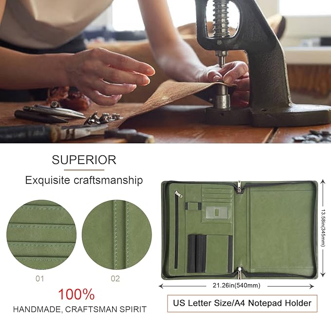 Personalized Leather Portfolio with Zipper, Professional Business Padfolio with A4/US Letter Writing Pad holder, Folio for Men and Women, Green