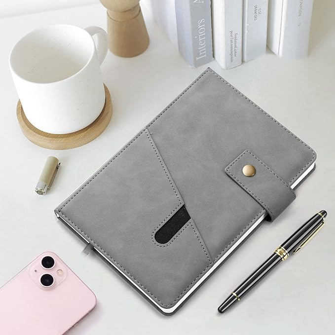 A5 Leather Journal Notebook with Pen, 200 Pages Hardcover Journal with Pocket, 100gsm Thick Lined Paper Daily Diary for Men and Women, Great Gift for Business School Travel Personal - Gray