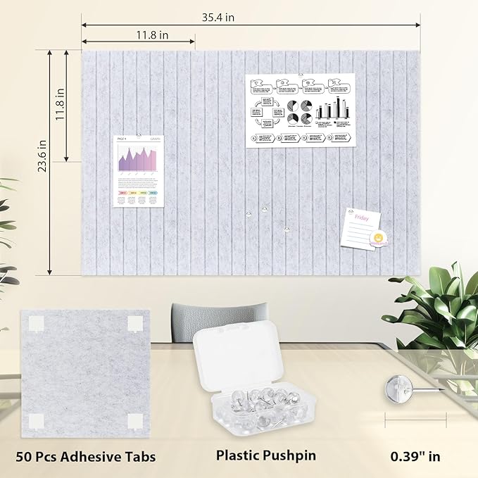 Smarpau Large Cork Board Alternative 12 Pack Felt Wall Tiles for Office 48"x36" Felt Bulletin Boards Tiles Slat Wall Paneling Pin Board Tack Board Alternative Gray