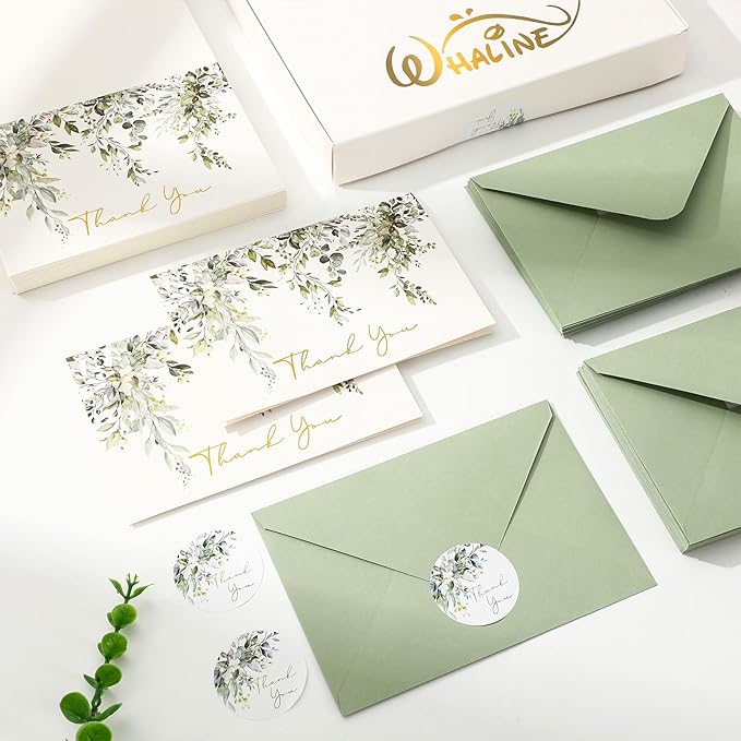 Whaline 50 Pack Greenery Thank You Cards Bulk Boxed Watercolor Eucalyptus Leaves Foil Gold Thank You Note Cards with Envelope Sticker for Thanksgiving Wedding