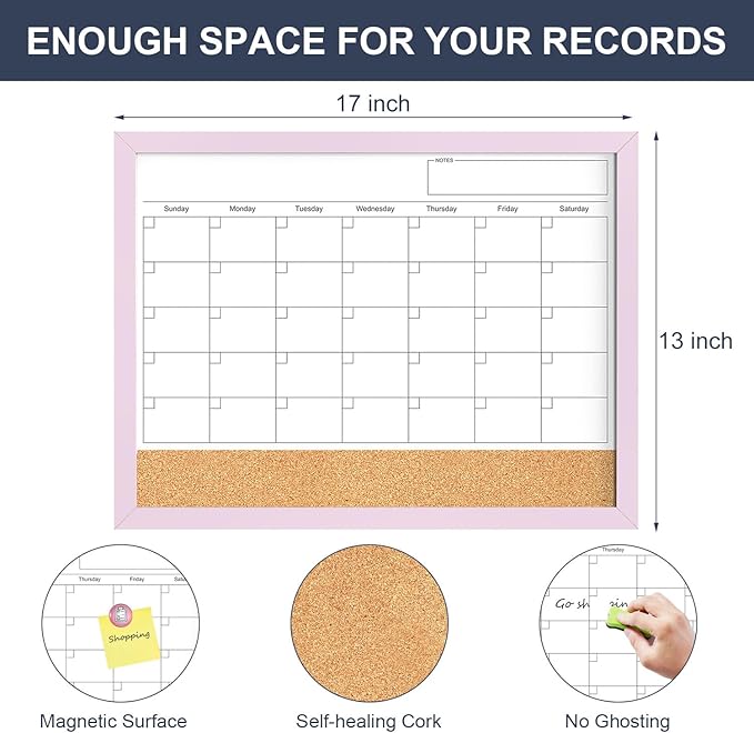 Dry Erase Calendar Cork Board Combo, 17"x13" Calendar Whiteboard for Wall, Magnetic White Board Monthly Calendar with Pink Wood Framed, Dry Erase Board for Planner Office Kitchen Home Memo