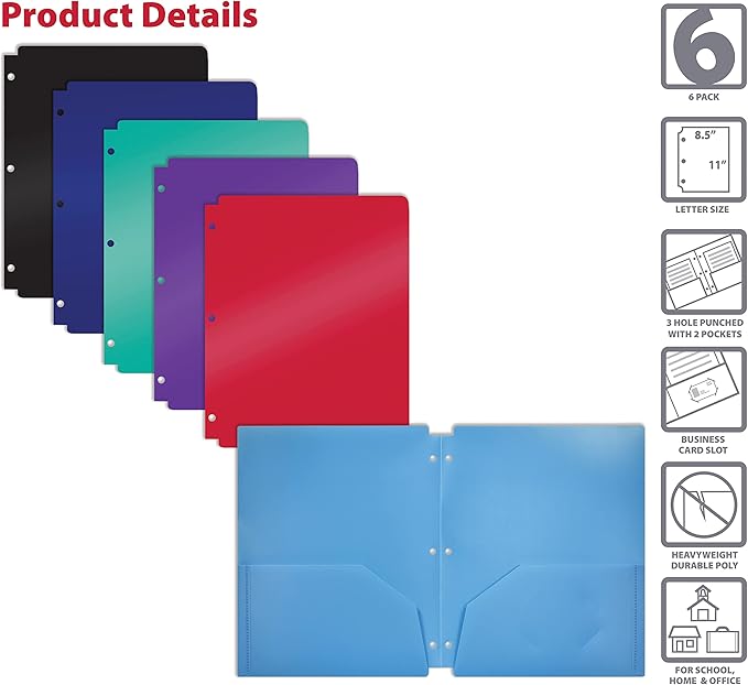Better Office Products 3 Hole Punch Pocket Folders, Bulk Pack, Sturdy Plastic 2 Pocket Folders, Assorted Primary Colors, Letter Size, with Business Card Slot, (6 Pack)