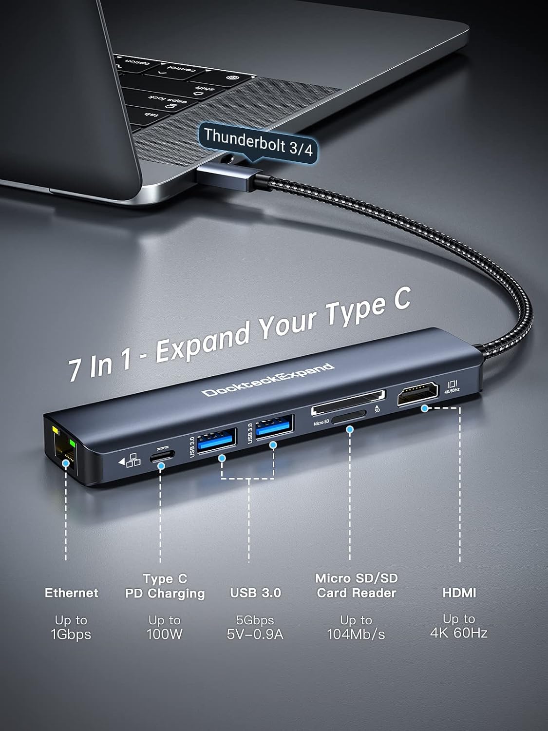 USB C Hub Multiport Adapter, DockteckExpand 7-in-1 Type C Hub with 4K 60Hz HDMI,1Gbps Ethernet,100W PD,2 USB 3.0 Ports,SD/TF Card Slots for MacBook Pro, MacBook Air, iPad Pro, Surface, Steam Deck