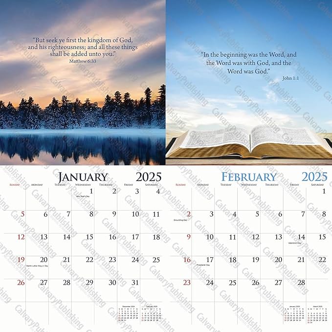 2025 Christian Wall Calendar, King James Bible Verses, 12x24 (Open) Staple Bound, Beautiful Pictures, quality printing and binding.
