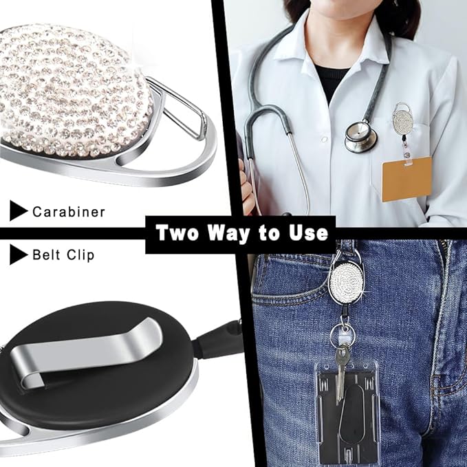 VIQWYIC 2 Pack Retractable ID Badge Holder with Clip, ID Name Badge Reels with Bling Rhinestones Retractable Card Holder for Office Worker Teacher Doctor Nurse(Black&Silver)