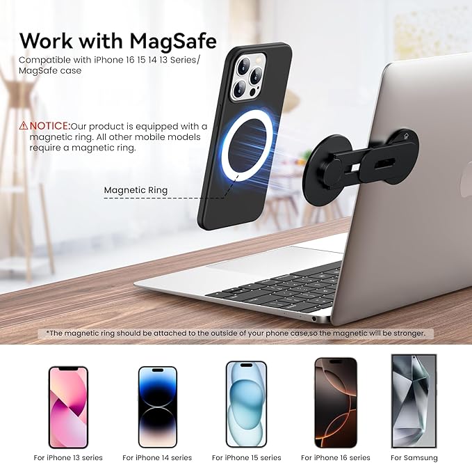 Magnetic Phone Holder for Laptop for MagSafe for iPhone 16/15/14/13/12 & All Phones, 180°Adjustable Phone Side Mount for Computer Monitor for Tesla, Desktop Cell Phone Bracket (Black)