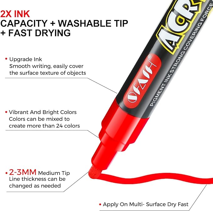 SFAIH Acrylic Creative Markers Set of 48 with Organizer, 3mm Medium Tips - 48 Colors, Waterproof, Fast Drying, Gift for Kids and Adults - Art Supplies, Fabric Paint, Rock Painting, Art Markers