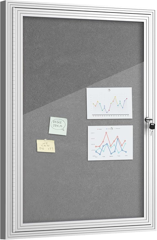 36"x24" Enclosed Bulletin Board, Outdoor Lockable Weather-Resistant Aluminum Cork Noticeboard for School & Office, Silver Frame w/Grey Flet