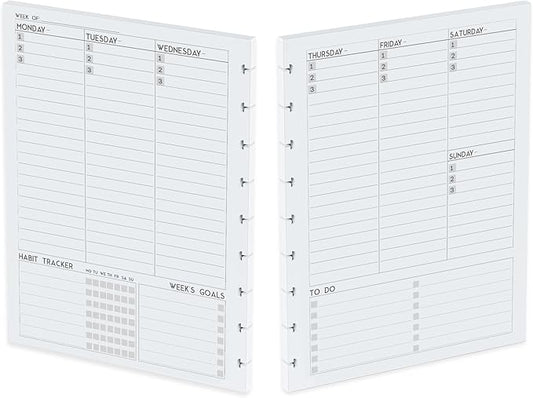 Discbound Undated Weekly Plan Paper Refill, 120 GSM, 80 Sheets/160 Pages, Happy Planner 9 Disc Pre-Punched Inserts, Loose Leaf, White, 7 inch x 9.25 Inch, To-Do, Notes, Habit Tracker, and Scheduling
