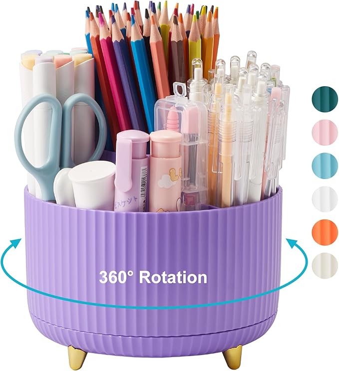 Desk Pencil Pen Holder, 5 Slots 360 Degree Rotating Pencil Pen Organizers for Desk Desktop Storage Stationery Supplies Organizer Cute Pen Cup for Office School Home Art Supply Purple