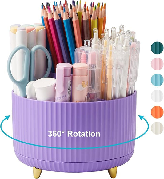 Desk Pencil Pen Holder, 5 Slots 360 Degree Rotating Pencil Pen Organizers for Desk Desktop Storage Stationery Supplies Organizer Cute Pen Cup for Office School Home Art Supply Purple
