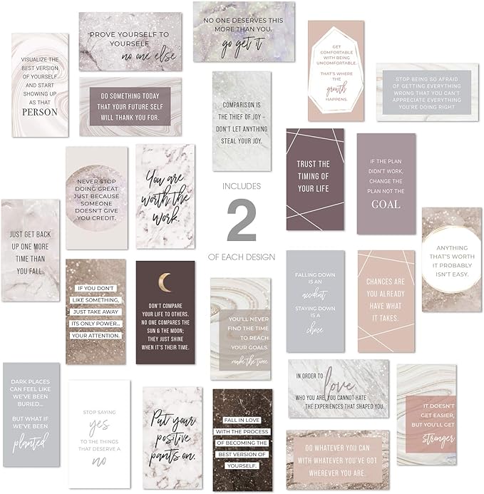 Canopy Street Marble Quartz Daily Gratitude Cards / 50 Motivational Kindness Cards / 25 Inspirational Quote Card Designs / 2.5” x 3” Uplifting Business Cards