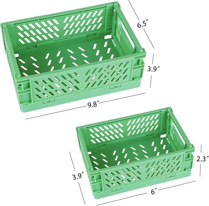 Tixill 2-Pack Mini Foldable Plastic Baskets for Organizing and Storage, Collapsible Storage Crate for Home Kitchen Bedroom Bathroom Office (9.8x6.5x3.8, Green)