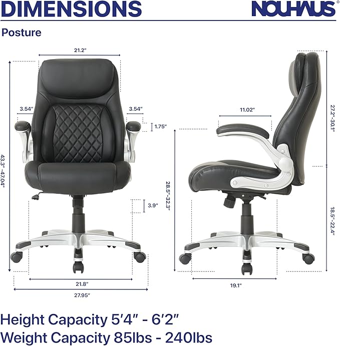 Nouhaus +Posture Ergonomic PU Leather Office Chair. Click5 Lumbar Support with FlipAdjust Armrests. Modern Executive Chair and Computer Desk Chair (Black)