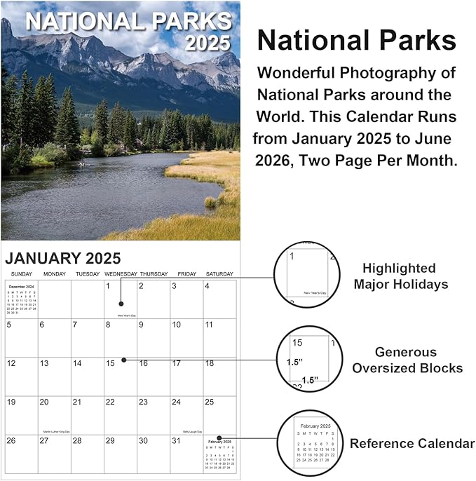 Calendar 2025, National Parks Calendar 2025-2026 from January 2025 - June 2026, 12" x 24" Opened 18 Months Calendar, Full Page Months Thick & Sturdy Paper for Gift Perfect Calendar Organizing & Planning