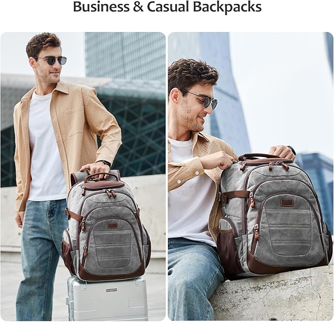 Travel Laptop Backpack 17.3 inch XL Computer Backpack for Men Waxed Canvas College Daypack Business Backpack Gray