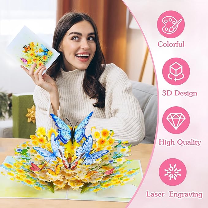 D4DREAM 3D Floral Butterfly Card for Women - Mothers Day Butterfly Flowers Pop Up Greeting Card Thinking of You Cards Sympathy Memorial Birthday Gifts for Grandma Mom Wife