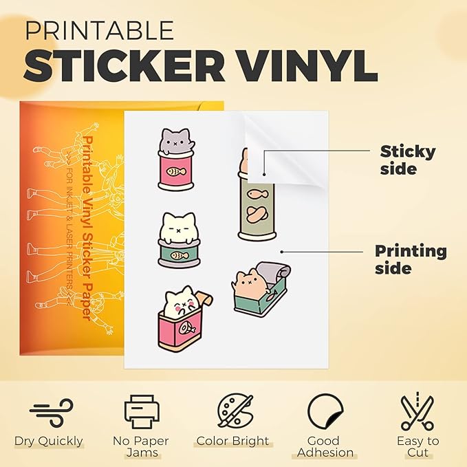 HTVRONT Printable Vinyl Sticker Paper, 100 Sheets Matte Waterproof Sticker Paper For Inkjet Printer Dries Quickly-Standard Letter Size 8.5"X11"(100 g)