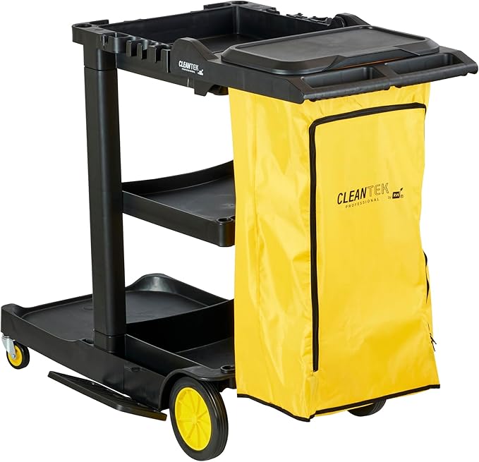 Restaurantware-Clean Tek Professional Janitor Cart with Wheels, 1 Cleaning Trolley with Cover and 21 Gallon Bag - 3 Shelves, Heavy-Duty, Gray Plastic Commercial Janitorial Cart, for Restaurants