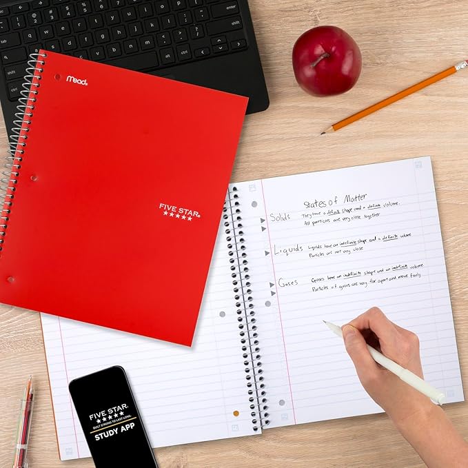 Five Star Spiral Notebook + Study App, 3 Subject, Wide Ruled Paper, 10-1/2" x 8", 150 Sheets, Red (72029)