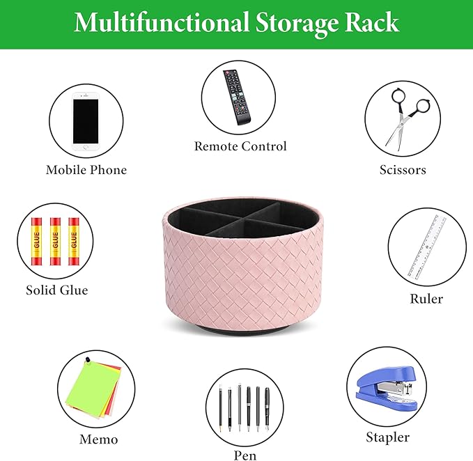 Hennaja Round Leather Art Supply Organizer,Remote Control Holder,360 Degree Spinning,Multi-Functional Pencil Holder,4 Compartments Desktop Stationary Organizer(1-Weave Pink)