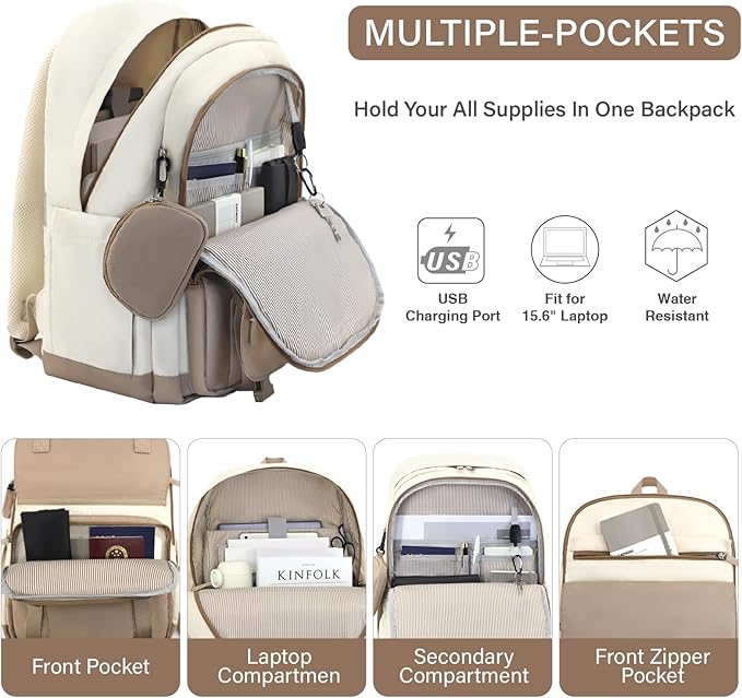 Cute Backpack,15.6 Inch Bookbag for Women,College Backpack for Women with USB Charger and Cute Wallet