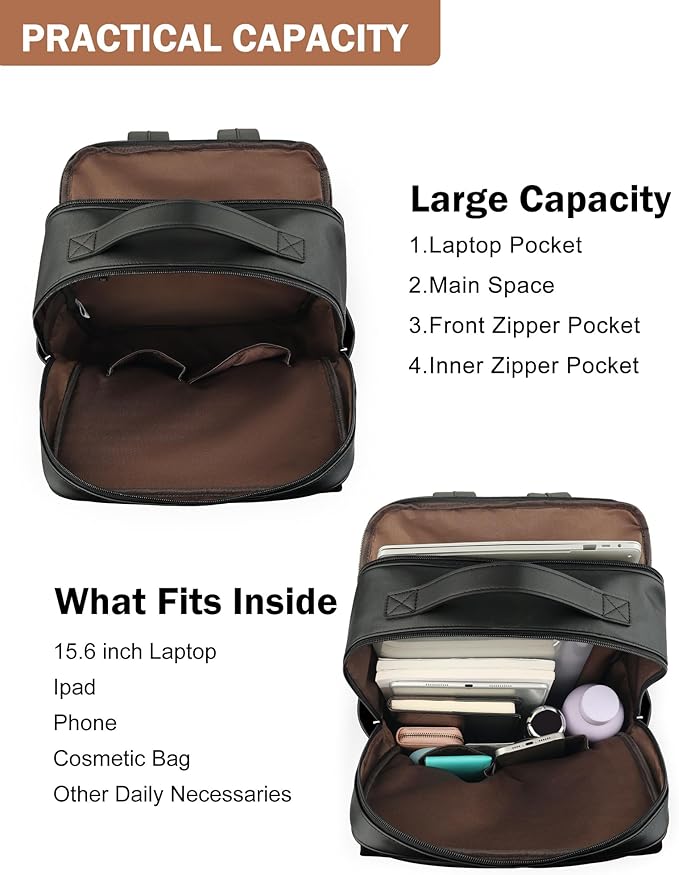 MASINTOR 15.6 inch PU Leather Laptop Backpack Purse for Women, Large College Casual Backpack Travel Bag Black