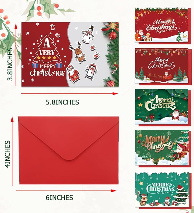 Christmas Cards with Envelopes, Stocking Stuffers for Adults, 6 Assorted Designs Holiday Greeting Cards,Christmas Party Favors 12Pcs Pack Set 6x4 inch, Cards For Family, Kids, Friends