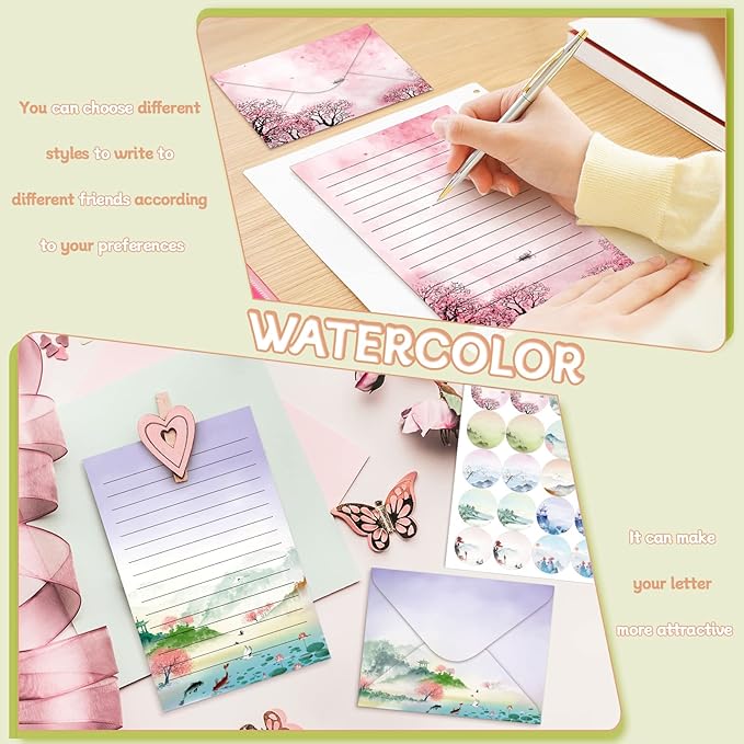 TaoBary 160 Packs Stationery Paper Set (50 Double Sided Stationery Writing Papers 50 Matching Envelopes) 60 Round Dot Sticker, 10 Design(Ink Painting,5.5 x 8.25 Inch)