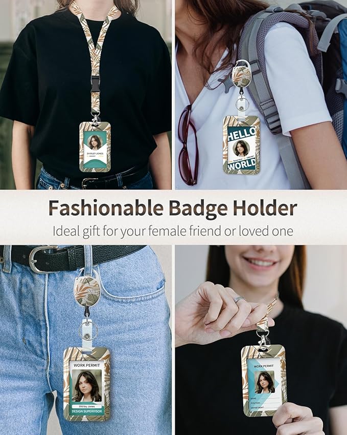 Uniclife Floral Sliding Badge Holder Monstera Leaves Plastic Case with Retractable Badge Reel Carabiner Clip and Detachable Lanyard Strap Vertical Card Protector for Women Nurse Teacher Student