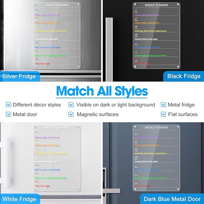 Acrylic Weekly Planner Board Meal Planner Magnetic Menu Board for Kitchen Fridge w/ 8 Markers, Clear Weekly Calendar Planning Dry Erase Board Noteboard to Do Grocery Shopping List, 12x9’’
